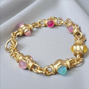 18k Matte Gold Plated Byzantine Revival Frosted Pastel Cabochon Toggle Bracelet